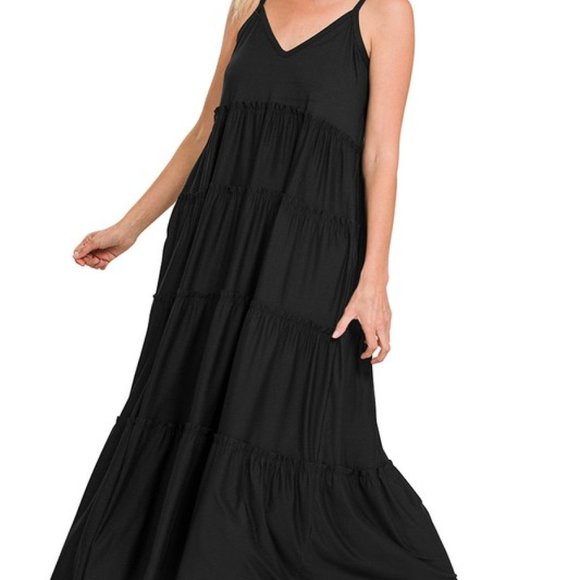 Zenana V-Neck Cami Maxi Tiered Dress with Side Pockets in Dark Olive - Picture 11 of 11